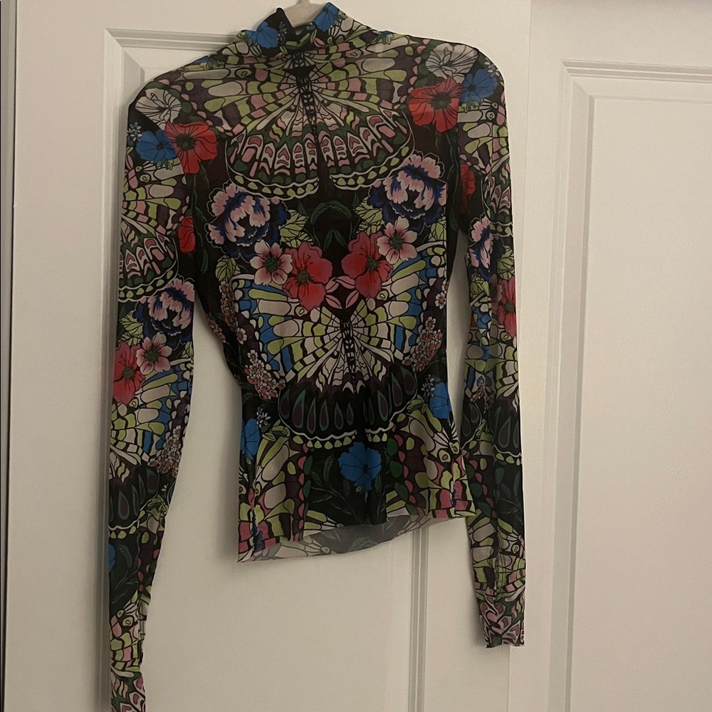 Vibrant Floral Butterfly Mesh Top